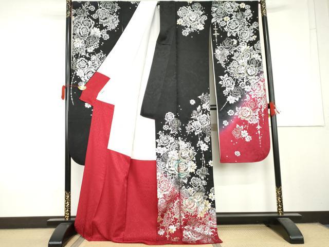 平和屋着物●豪華振袖 刺繍 草花文 薔薇 バラ 金糸 金銀彩 ロング丈 正絹 逸品 AABL7652cs
