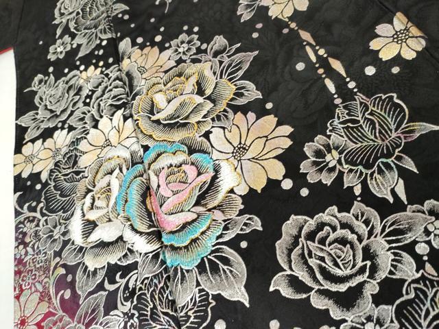 平和屋着物●豪華振袖 刺繍 草花文 薔薇 バラ 金糸 金銀彩 ロング丈 正絹 逸品 AABL7652cs