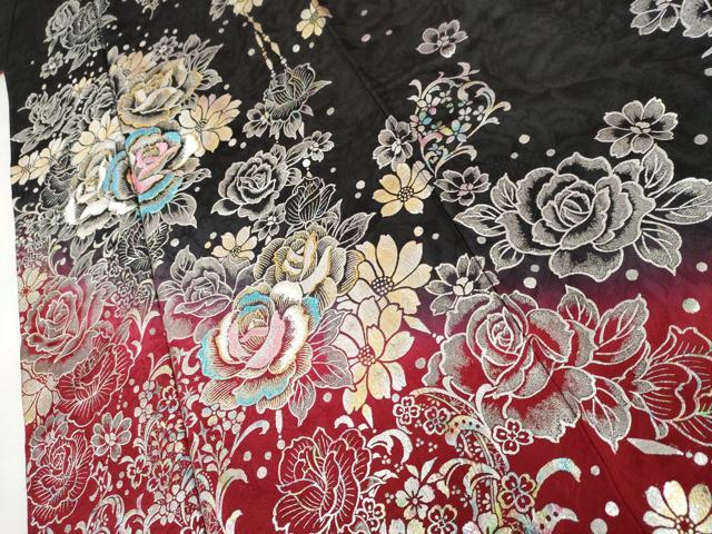 平和屋着物●豪華振袖 刺繍 草花文 薔薇 バラ 金糸 金銀彩 ロング丈 正絹 逸品 AABL7652cs