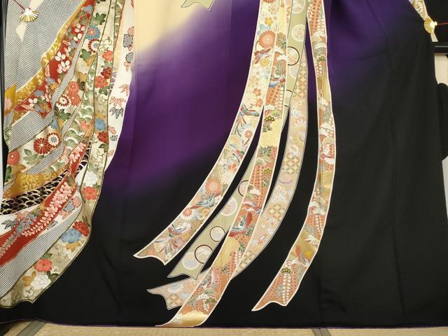 平和屋着物●豪華振袖 蔓帯鳳凰花文 暈し染め 金糸 ロング丈 正絹 逸品 AABL7658cs