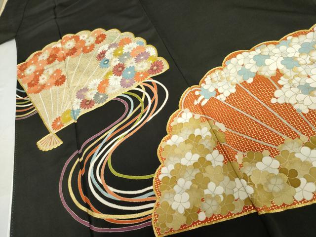 平和屋着物▼豪華黒留袖 駒刺繍 花扇文 金彩 正絹 逸品 AABL7660cs