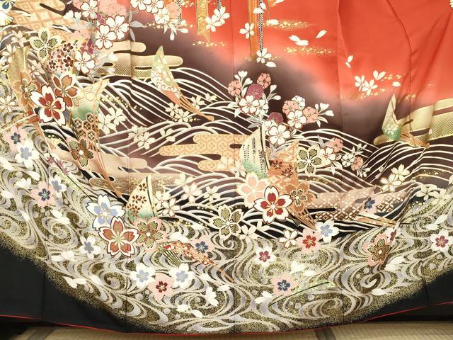 平和屋着物●豪華振袖 駒刺繍 流水吉祥花文 暈し染め 金彩 正絹 逸品 AABL7662cs