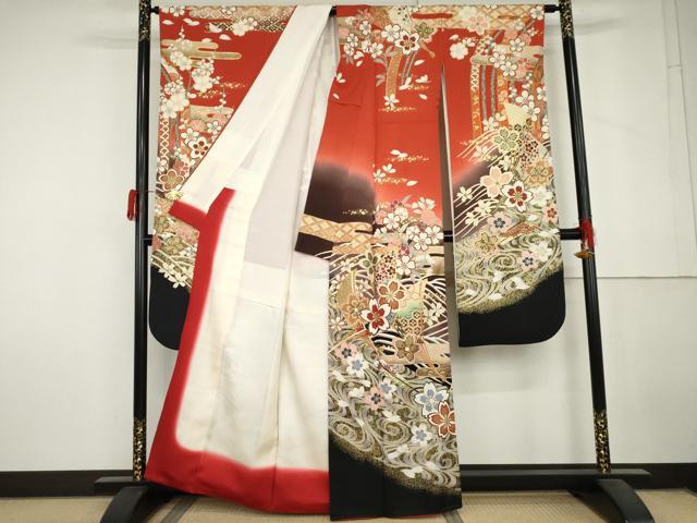 平和屋着物●豪華振袖 駒刺繍 流水吉祥花文 暈し染め 金彩 正絹 逸品 AABL7662cs