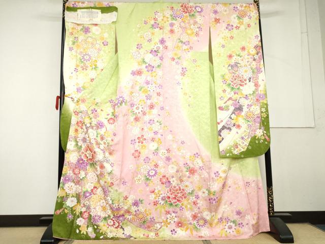 平和屋着物●豪華振袖 型染京友禅 刺繍 蔓帯花文 暈し染め 金彩 金銀糸 反端付き ロング丈 正絹 逸品 AABL7667cs