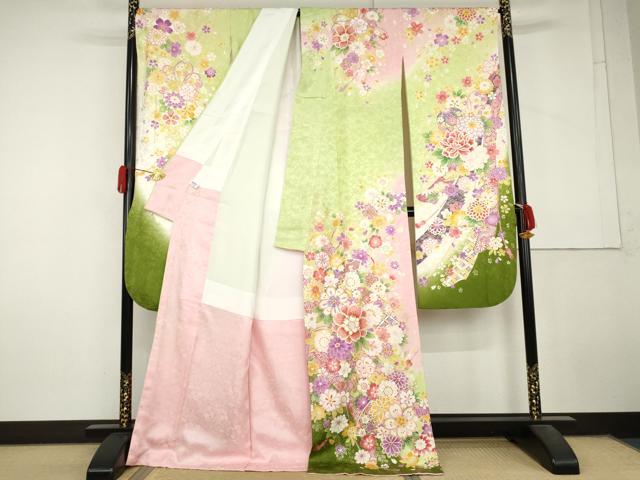 平和屋着物●豪華振袖 型染京友禅 刺繍 蔓帯花文 暈し染め 金彩 金銀糸 反端付き ロング丈 正絹 逸品 AABL7667cs