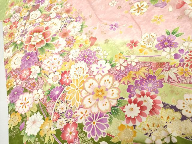 平和屋着物●豪華振袖 型染京友禅 刺繍 蔓帯花文 暈し染め 金彩 金銀糸 反端付き ロング丈 正絹 逸品 AABL7667cs