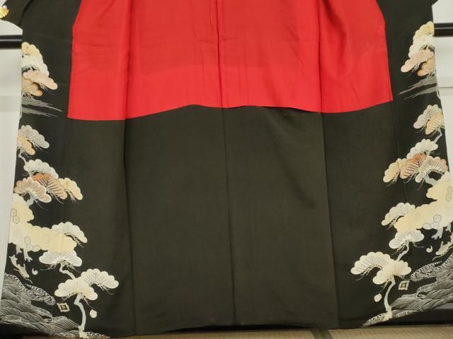 平和屋着物●アンティーク 大正ロマン 黒留袖 駒刺繍 両褄 飛鶴松文 正絹 逸品 AABL7669cs