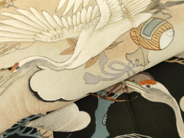 平和屋着物●アンティーク 大正ロマン 黒留袖 駒刺繍 両褄 飛鶴松文 正絹 逸品 AABL7669cs