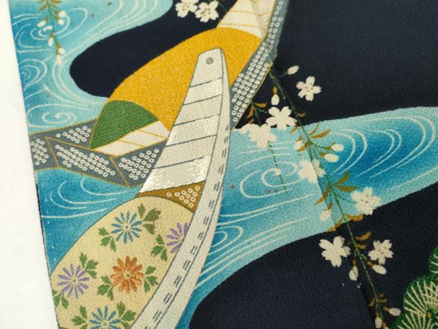 平和屋着物●アンティーク 大正ロマン 色留袖 刺繍 花船松文 鬼しぼ縮緬 正絹 逸品 AABL7672cs