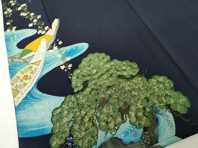 平和屋着物●アンティーク 大正ロマン 色留袖 刺繍 花船松文 鬼しぼ縮緬 正絹 逸品 AABL7672cs