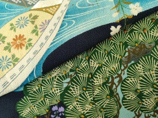 平和屋着物●アンティーク 大正ロマン 色留袖 刺繍 花船松文 鬼しぼ縮緬 正絹 逸品 AABL7672cs