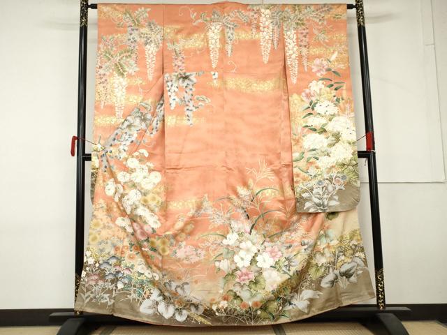 平和屋着物●豪華振袖 駒刺繍 葡萄枝花文 暈し染め 金彩 正絹 逸品 AABL7710cs