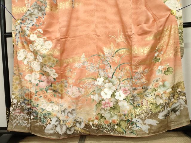 平和屋着物●豪華振袖 駒刺繍 葡萄枝花文 暈し染め 金彩 正絹 逸品 AABL7710cs