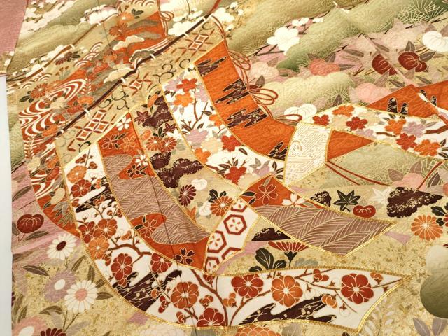 平和屋着物●豪華振袖 駒刺繍 几帳吉祥花文 金彩 正絹 逸品 AABL7712cs