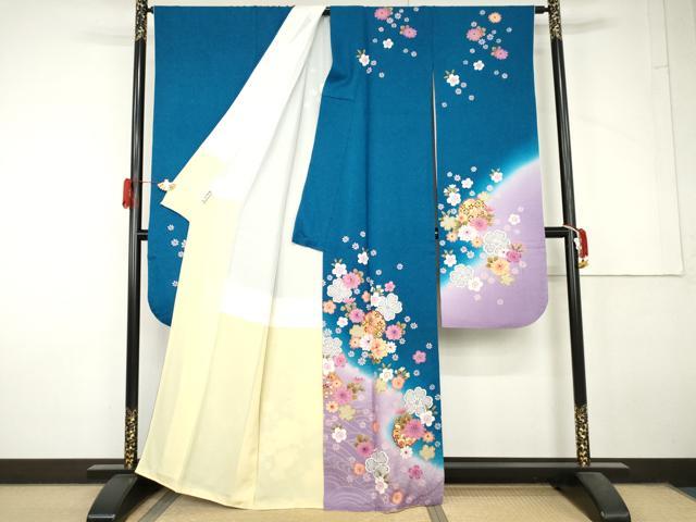 平和屋着物●豪華振袖 雪輪舞花文 暈し染め 金彩 銀通し地 正絹 逸品 AABL7722cs