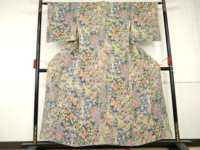 平和屋着物▼上質な小紋 陶器更紗花文 鬼しぼ縮緬 正絹 逸品 AABL7725cs