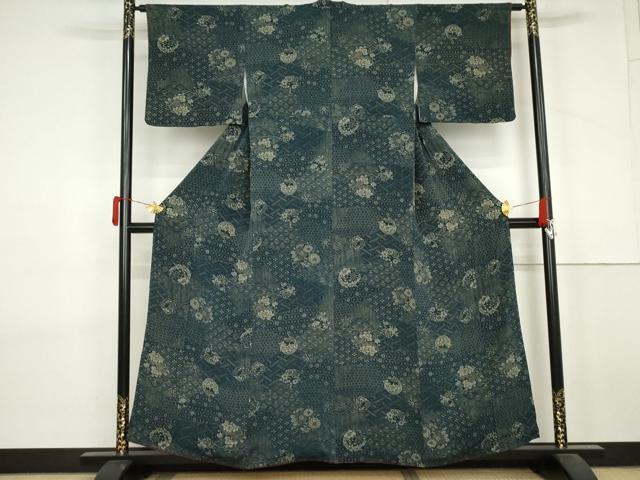 平和屋着物▼上質な小紋 型染め 花丸文 鬼しぼ縮緬 正絹 逸品 AABL7738cs