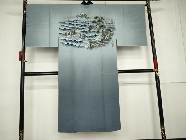 平和屋着物●男性 長襦袢 袷 手描き 立波風景松文 金彩 正絹 逸品 未使用 AABL7741cs