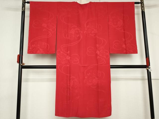 平和屋着物●長襦袢 袷 檜扇花地紋 紅色 正絹 逸品 AABL7742cs