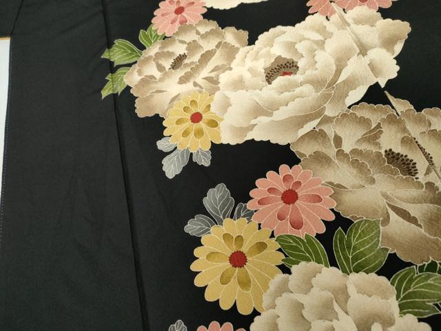 平和屋着物●こむさでもーど・COMME CA DU MODE 振袖 草花文 黒地 正絹 逸品 AABL7745cs