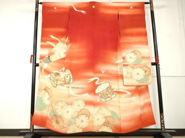 平和屋本店●アンティーク 大正ロマン 振袖 花楽器文 暈し染め 金銀糸 正絹 逸品 AABL7787cs