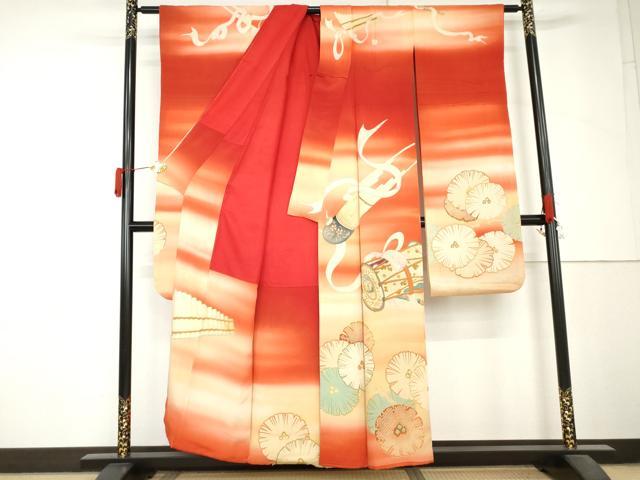 平和屋本店●アンティーク 大正ロマン 振袖 花楽器文 暈し染め 金銀糸 正絹 逸品 AABL7787cs