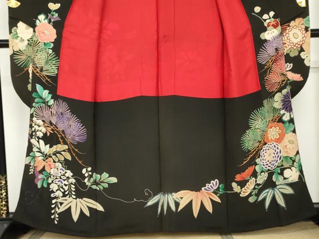 平和屋本店●アンティーク 大正ロマン 振袖 刺繍 御所車吉祥花文 黒地 正絹 逸品 AABL7788cs