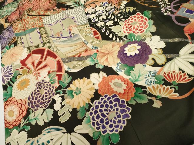 平和屋本店●アンティーク 大正ロマン 振袖 刺繍 御所車吉祥花文 黒地 正絹 逸品 AABL7788cs