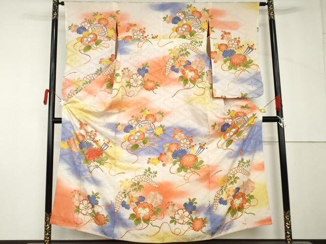 平和屋本店●アンティーク 大正ロマン 訪問着 駒刺繍 吉祥草花文 暈し染め 金銀糸 正絹 逸品 AABL7789cs