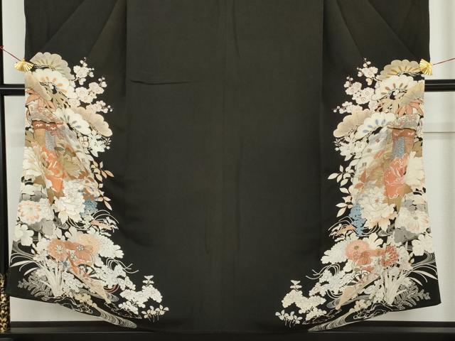 平和屋本店●アンティーク 大正ロマン 小振袖 二尺袖 駒刺繍 両褄 檜扇草花文 銀彩 正絹 逸品 AABL7790cs