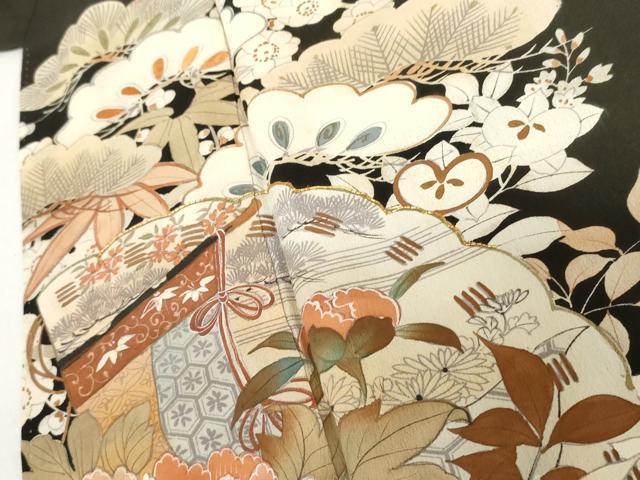 平和屋本店●アンティーク 大正ロマン 小振袖 二尺袖 駒刺繍 両褄 檜扇草花文 銀彩 正絹 逸品 AABL7790cs