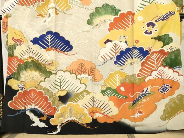 平和屋本店●アンティーク 大正ロマン 振袖 駒刺繍 吉祥松文 暈し染め 金糸 金彩 正絹 逸品 AABL7791cs