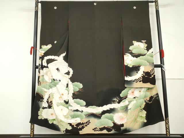 平和屋本店●アンティーク 大正ロマン 振袖 刺繍 鳳凰花松文 暈し染め 黒地 金彩 正絹 逸品 AABL7793cs