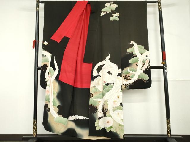 平和屋本店●アンティーク 大正ロマン 振袖 刺繍 鳳凰花松文 暈し染め 黒地 金彩 正絹 逸品 AABL7793cs