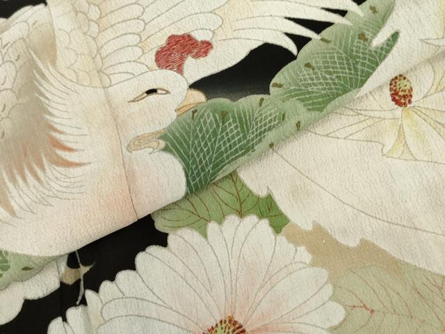 平和屋本店●アンティーク 大正ロマン 振袖 刺繍 鳳凰花松文 暈し染め 黒地 金彩 正絹 逸品 AABL7793cs