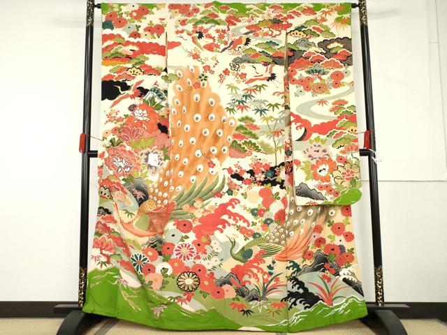 平和屋本店●アンティーク 大正ロマン 振袖 駒刺繍 孔雀飛鶴松竹梅文 金糸 金彩 正絹 逸品 AABL7796cs