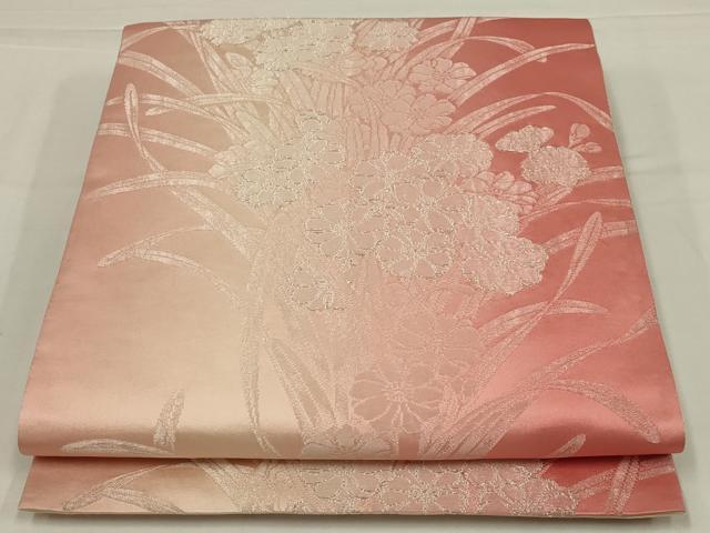 平和屋着物◎両面 全通柄袋帯 草花文 銀糸 三松 正絹 逸品 AABL7828ou