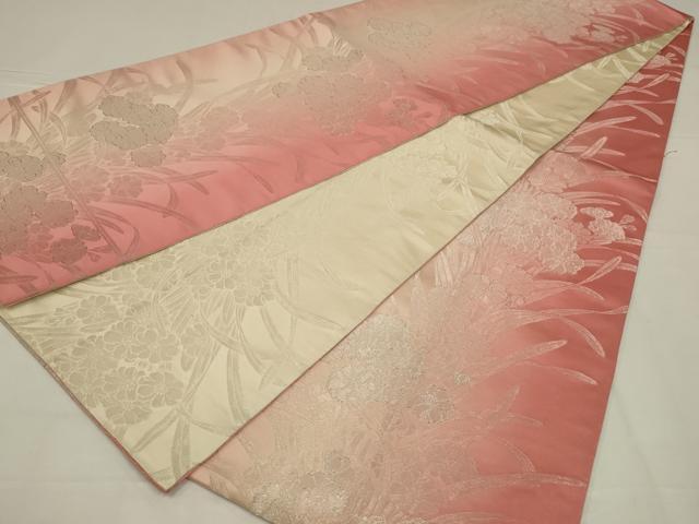 平和屋着物◎両面 全通柄袋帯 草花文 銀糸 三松 正絹 逸品 AABL7828ou