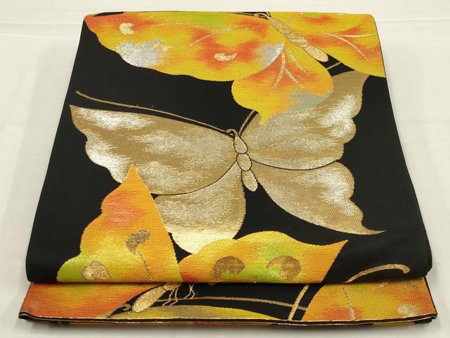 平和屋着物◎六通柄袋帯 舞蝶文 黒地 金糸 正絹 逸品 AABL7832ou