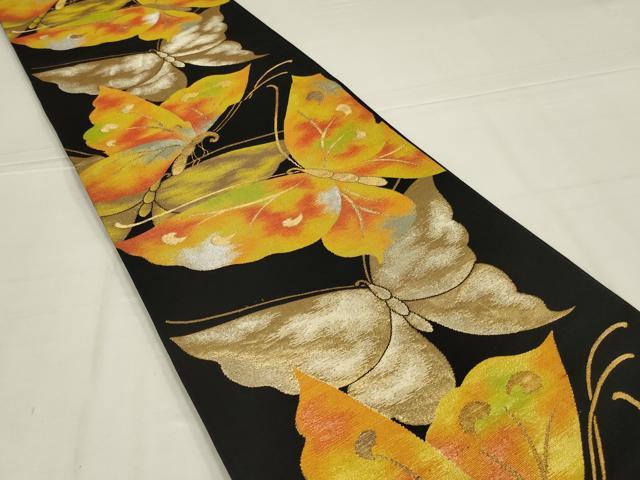 平和屋着物◎六通柄袋帯 舞蝶文 黒地 金糸 正絹 逸品 AABL7832ou