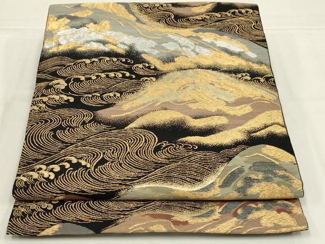 平和屋着物◎六通柄 本袋帯 遠山立波文 黒地 金銀糸 正絹 逸品 AABL7840ou