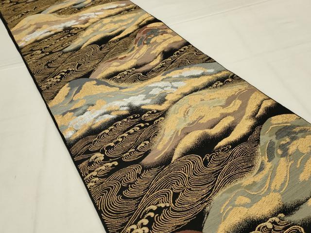 平和屋着物◎六通柄 本袋帯 遠山立波文 黒地 金銀糸 正絹 逸品 AABL7840ou