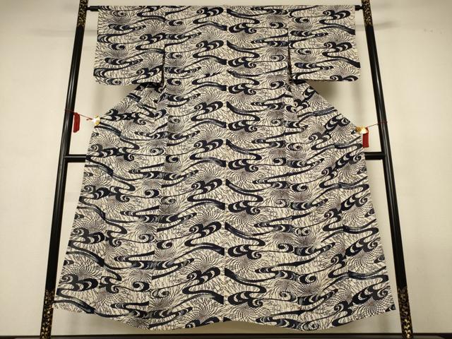 平和屋着物*夏物 小紋 絽 藍 型染め 流水花文 正絹 逸品 AABL7883jd