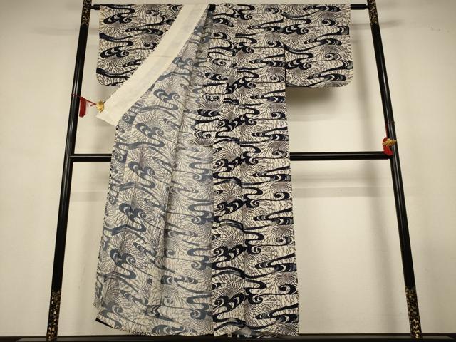 平和屋着物*夏物 小紋 絽 藍 型染め 流水花文 正絹 逸品 AABL7883jd