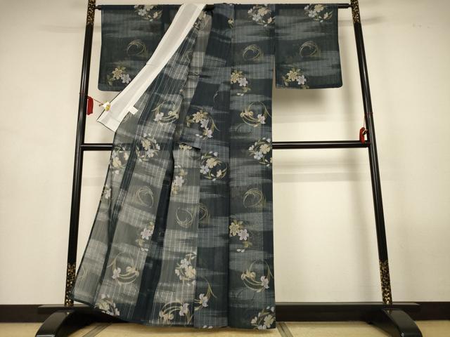平和屋着物*夏物 小紋 紗 草花丸文 洗える着物 AABL7884jd