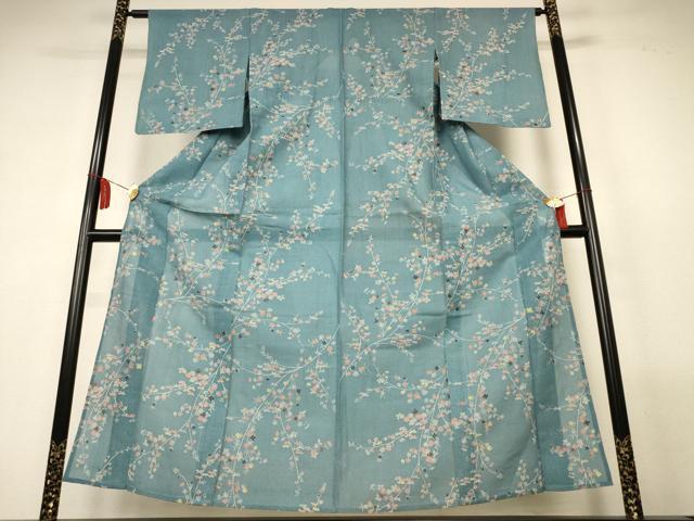 平和屋着物*夏物 小紋 浴衣兼用 絹紅梅 枝花文 絹綿 AABL7935jd