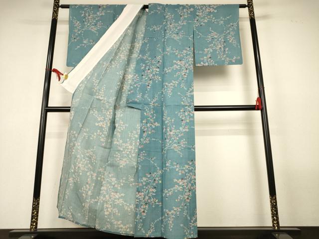 平和屋着物*夏物 小紋 浴衣兼用 絹紅梅 枝花文 絹綿 AABL7935jd