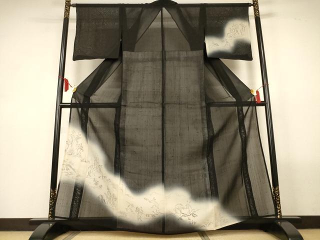 平和屋着物*夏物 絹芭蕉 訪問着 鳥獣戯画 暈し染め 黒地 正絹 逸品 AABL7954jd