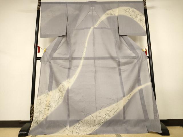 平和屋着物*夏物 訪問着 紗紬 手描き 道長花文 銀彩 ロング丈 正絹 逸品 AABL7977jd