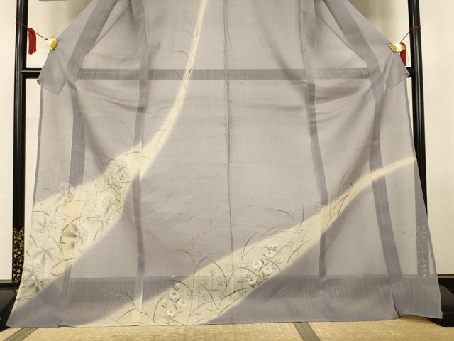 平和屋着物*夏物 訪問着 紗紬 手描き 道長花文 銀彩 ロング丈 正絹 逸品 AABL7977jd